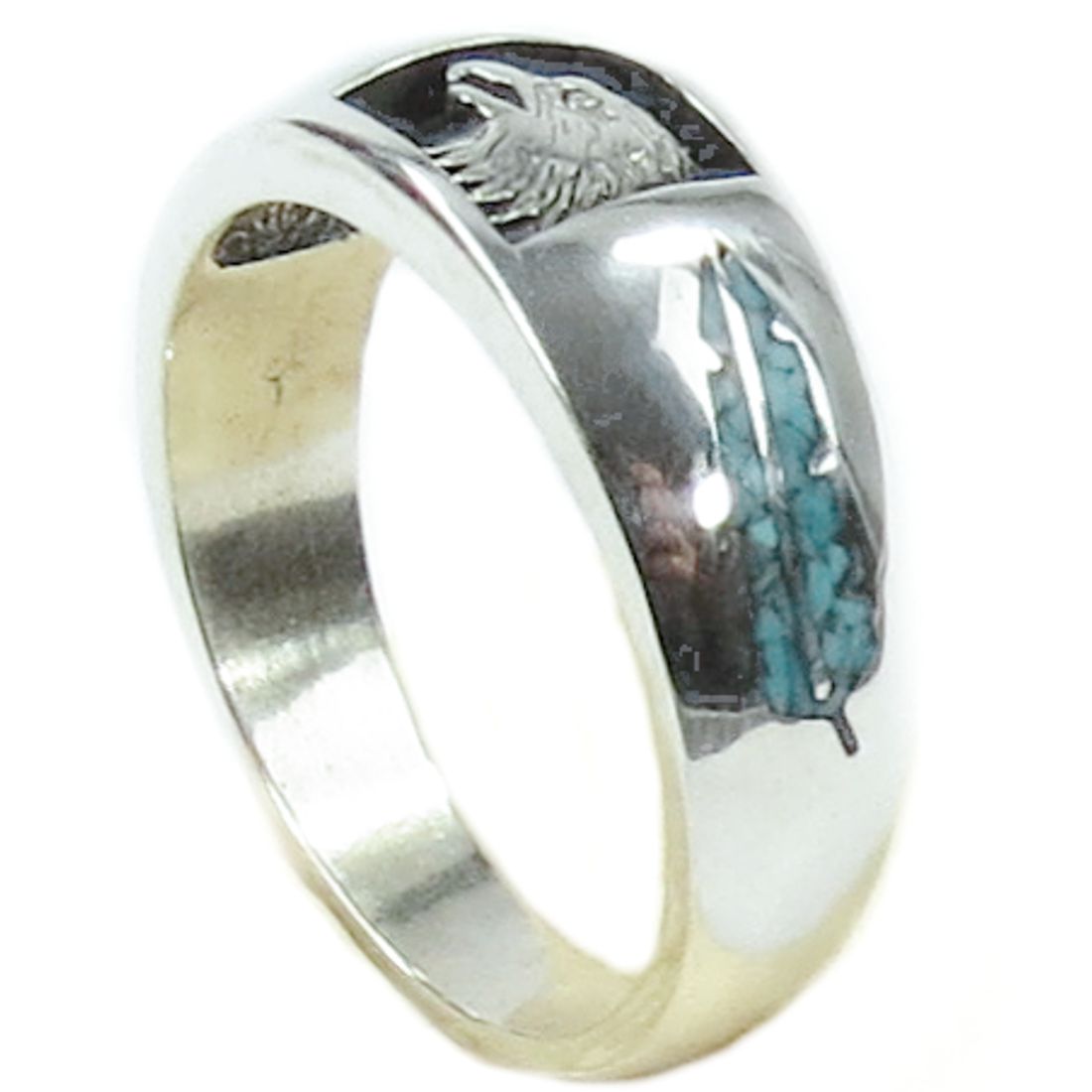 Indianerschmuck Ring aus Sterling Silber - Eagle And Feathers, Türkis
