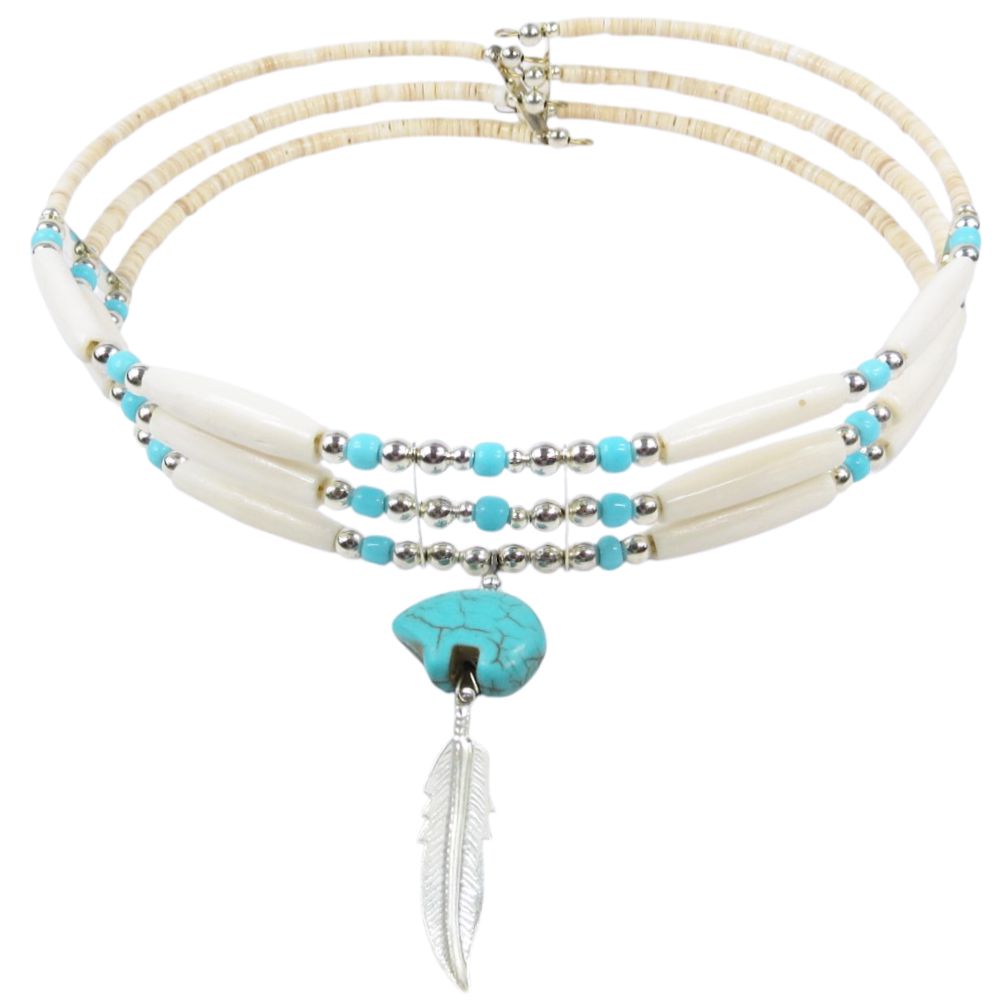 Indianerschmuck - Kette - Buffalo Bone Bear Choker, 3 Reihen, Weiß / Türkis