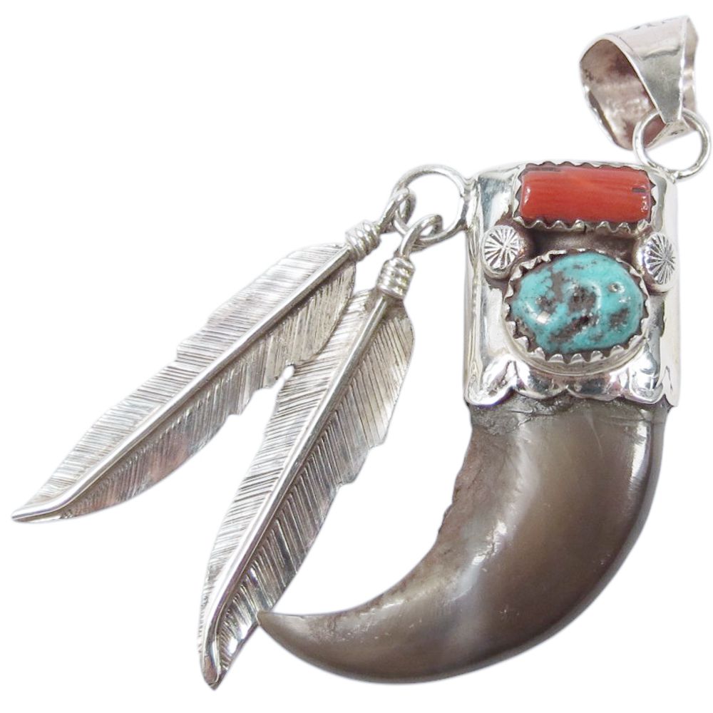 Kettenanhänger aus 925 Silber - Feathered Bear Claw, Türkis / Koralle